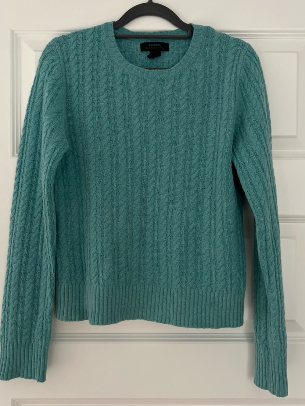 Express Cable-Knit Crew Sweater in Teal Blue